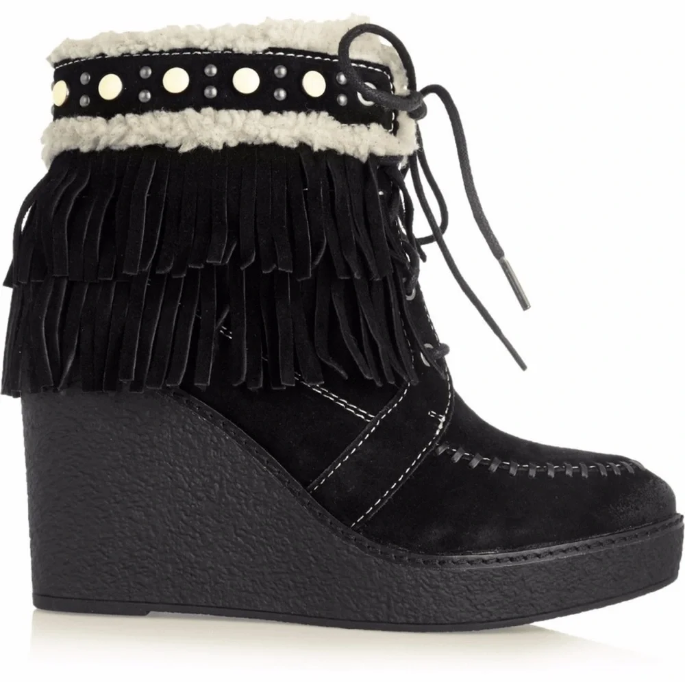 Sam Edelman Kemper Black Suede Fringe Ankle Boots Booties Size 7.5